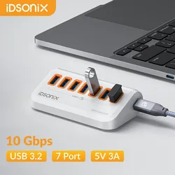 IDSONIX USB HUB 7 Port Multiple USB3.2 HUB Socket Type C Docking Station 10Gbps High Speed Data Transfer USB Splitter OTG for PC
