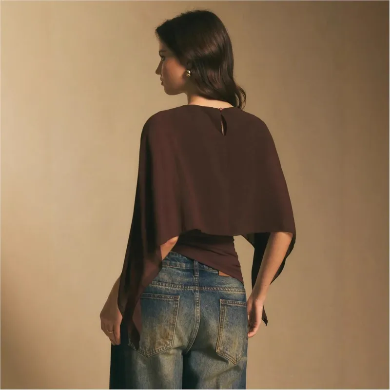 Casual Fashion Irregular T-shirt 2026 Round Neck Solid Color Chiffon Top Blouse for Women Blouse Slim Waist Fit Basics Commuting