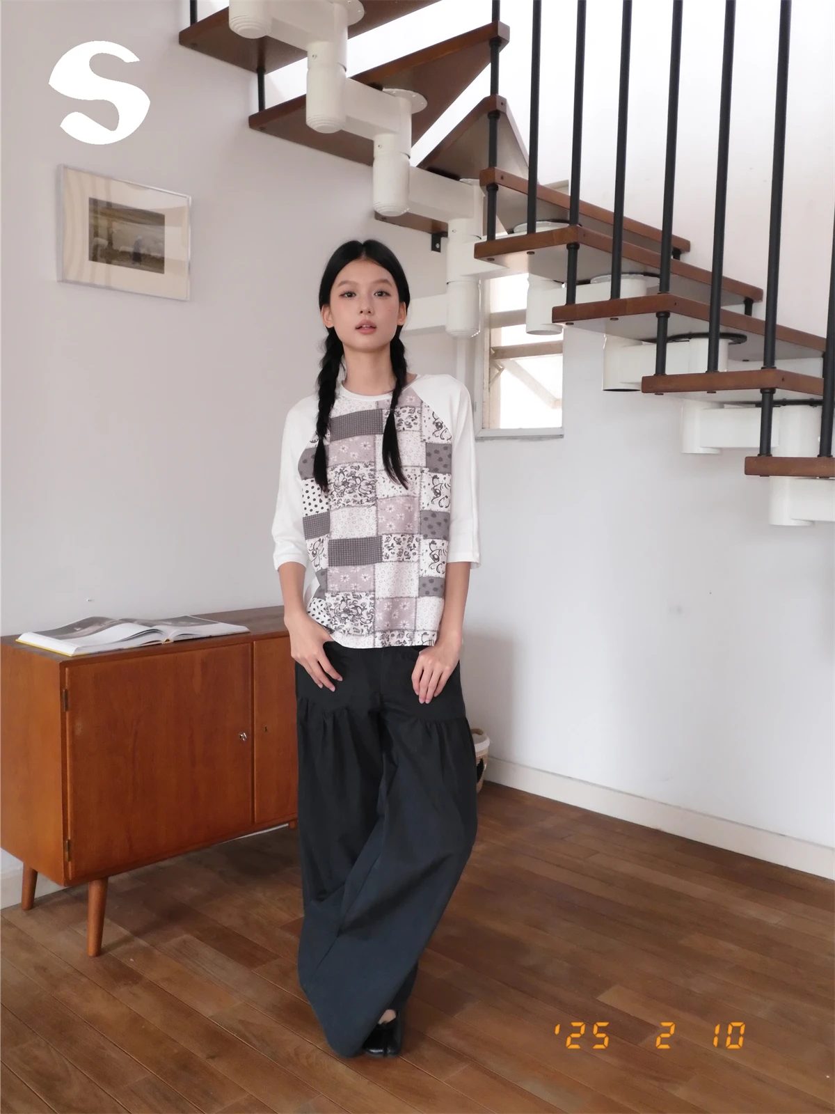 Early Autumn Korean Style Women's T-shirt Patchwork Print Seven-eighth Sleeve round Neck Casual Breathable Summer Top