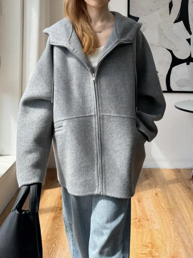 

Осень-зима 2022, новые серые повседневные двусторонние свободные короткие женские шерстяные куртки с капюшоном на молнии, женские шерстяные пальто