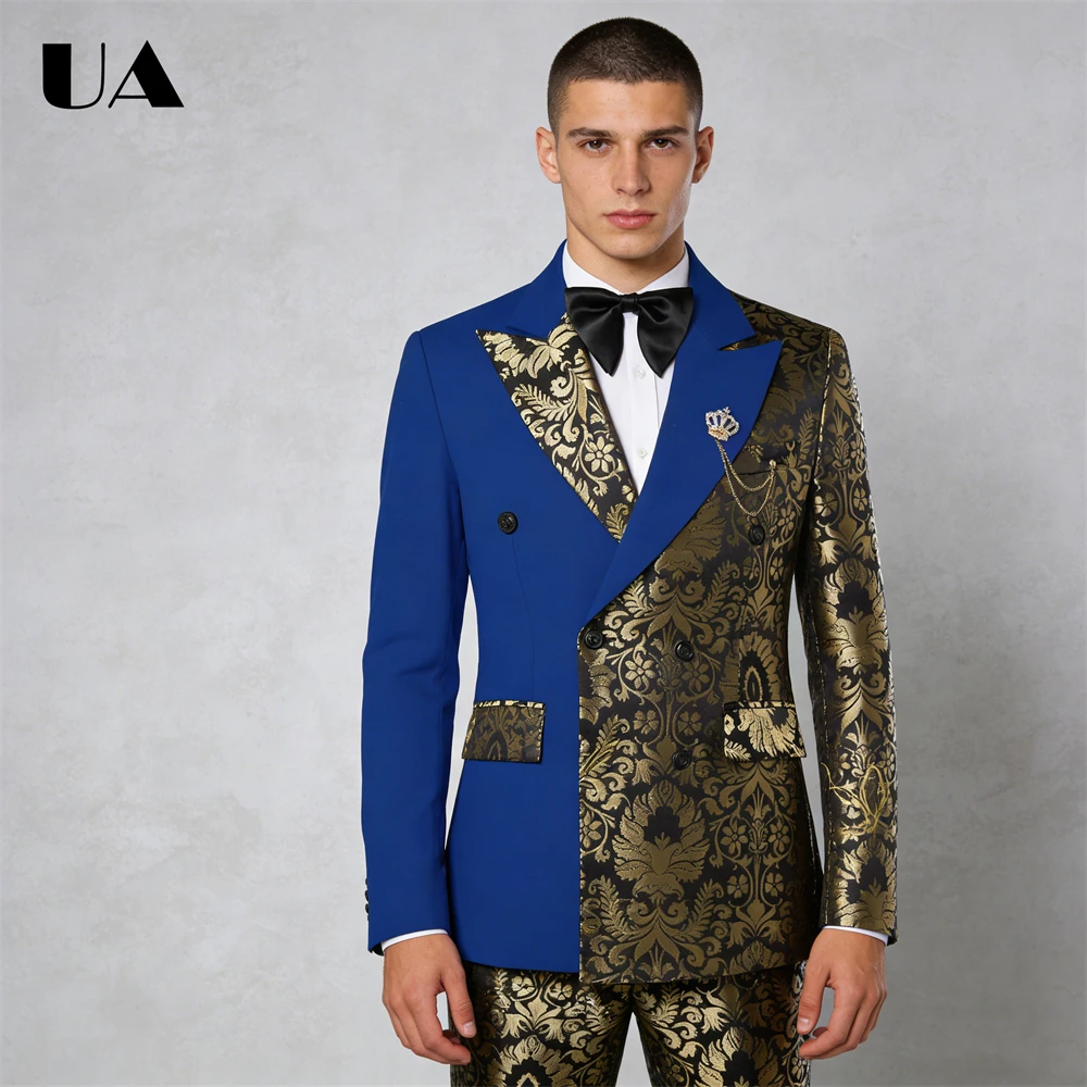 

Gold Paisley 2-Piece Suit Set Double Breasted Suit Jacket Pants Stage Costume Tuxedo Plus Size Men's Formal Tuxedo