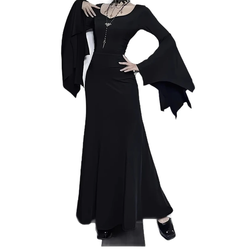 القوطية حزب فستان طويل ريترو عالية الخصر الدانتيل انقطاع متوهج كم الظلام خمر ماكسي ثوب للنساء هالوين تأثيري مخيف