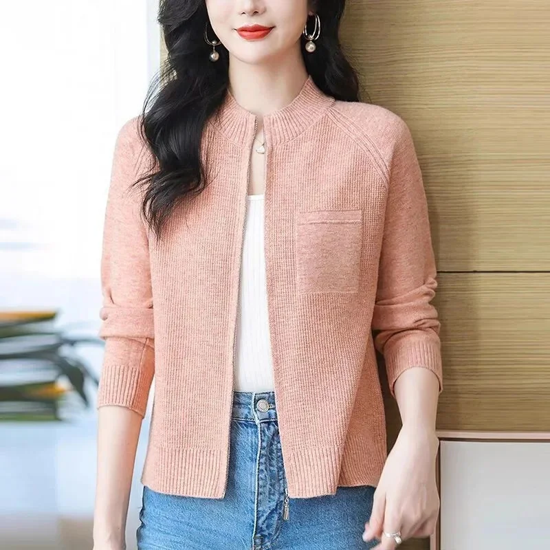 Chaqueta cárdigan para mujer primavera otoño 2025 nuevo cuello levantado prendas de punto con cremallera Joker suéter de mujer abrigo de estilo occidental Top de moda