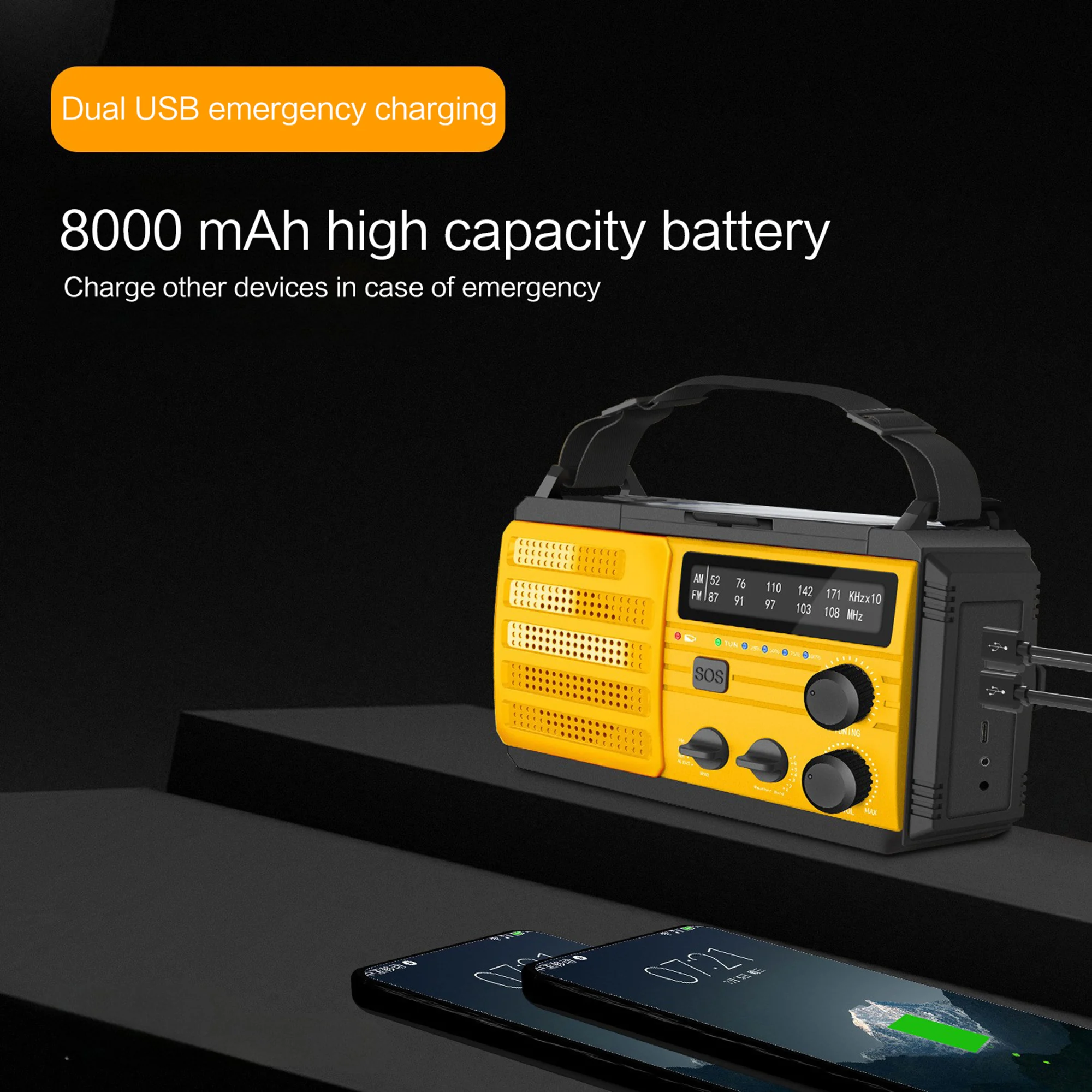 8000mAh Emergency Weather Radio - 3-Mode Flashlight, Solar Charging, Hand Crank, Battery Operated and SOS Alarm for Emergency