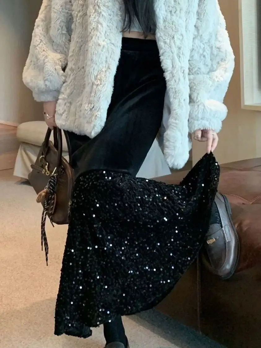 

Юбка-русалка с высокой талией, пайетками и бархатными вставками, облегающая, модная, свободного кроя, женская, средней длины, элегантная