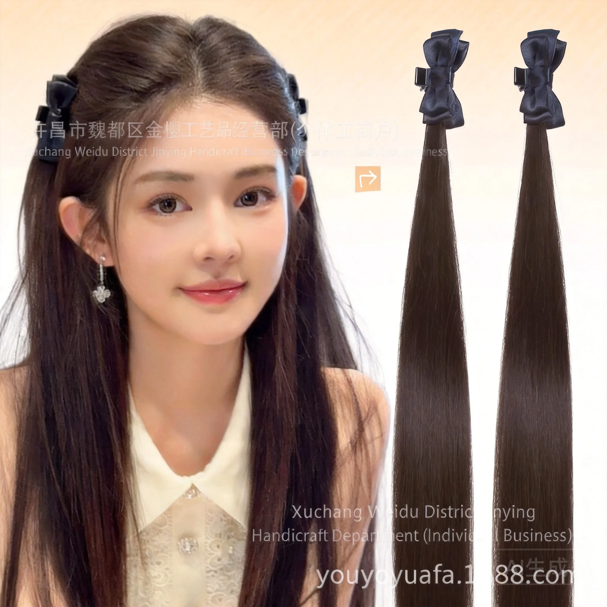 二重層ボウヘアクロウクリップ付きポニーテールヘアエクステンション2個入りナチュラルふわふわストレートカーリーウィッグ女性用複数色オプション