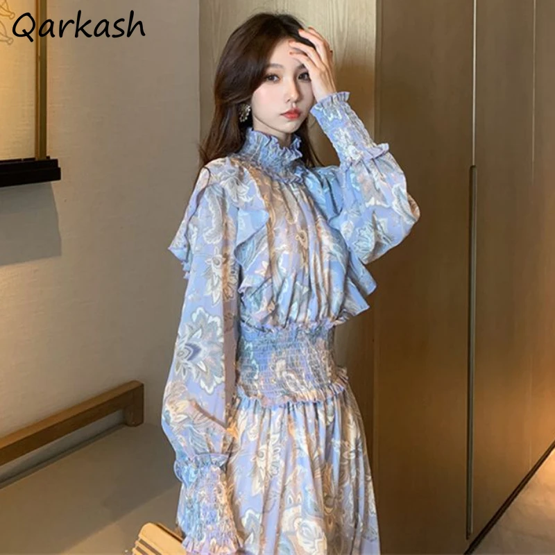 

French Style Chic Floral Dresses Women Autumn Elegant Defined Waist Long Sleeve Dress Tender Sweet Female Midi Aesthetic Clothes