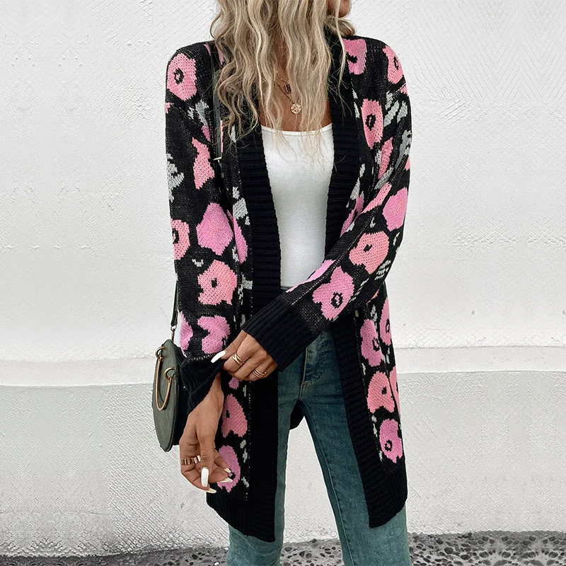 2023 Autumn and Winter Women\'s Cardigan Long Sleeve Solid Printing Flower Patchwork Loose Fashion Casual Long Sweater Knit Tops