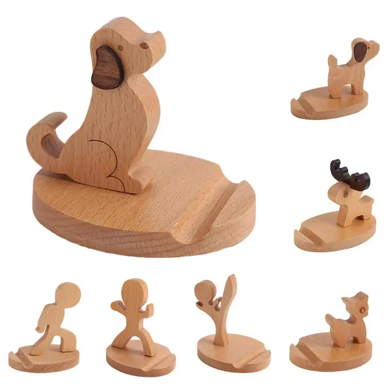 Creativity Animal Wooden Phone Stand Mobile Cellphone Universal Desktop Stand Holder Deer Dog Kung Fu  Wooden Phone holder