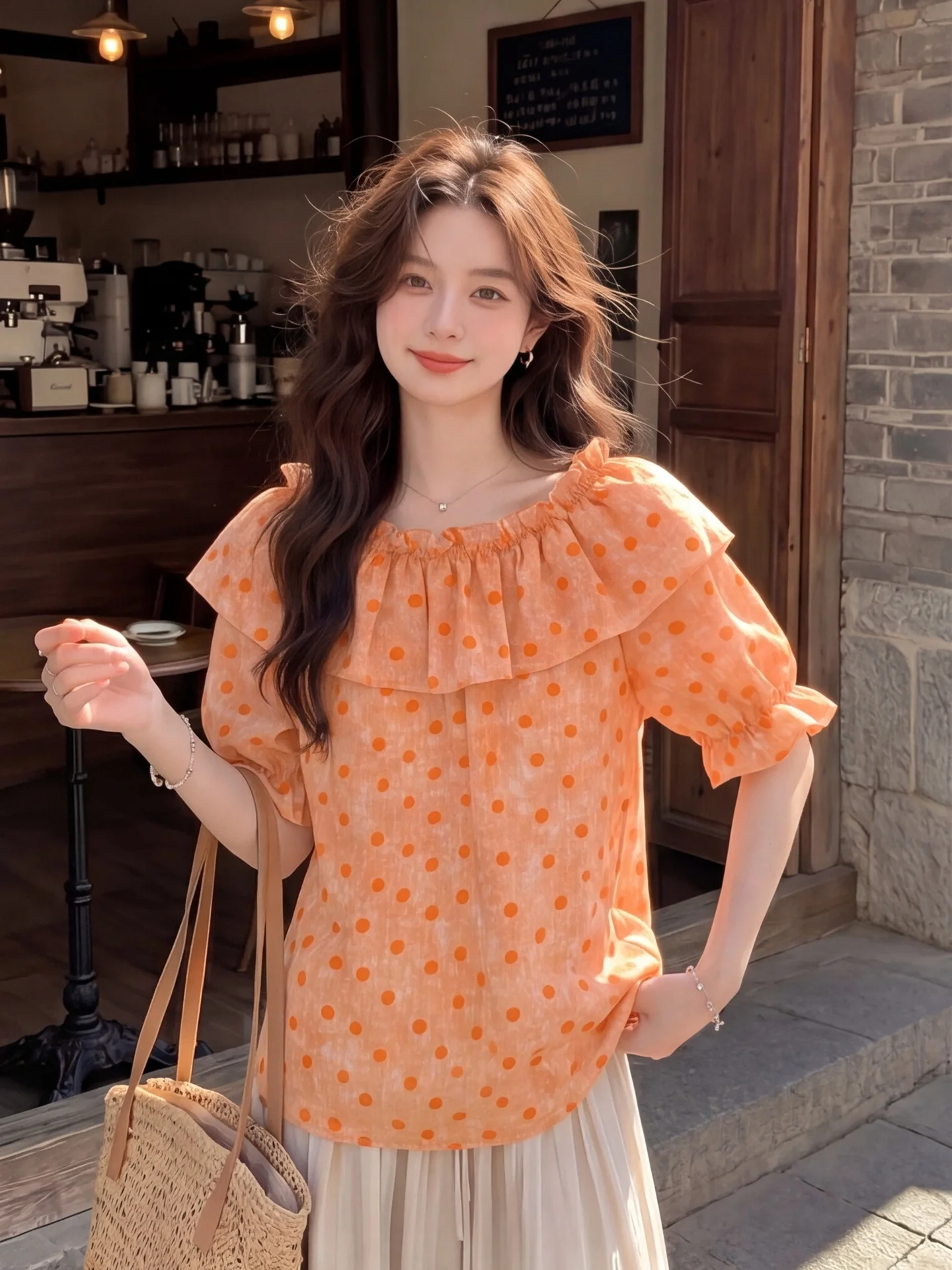 

Floral Print Off-Shoulder Bubble Sleeve Chiffon Top Women's Summer New Korean Style Fashionable One-Shoulder Puff Sleeve Blouse
