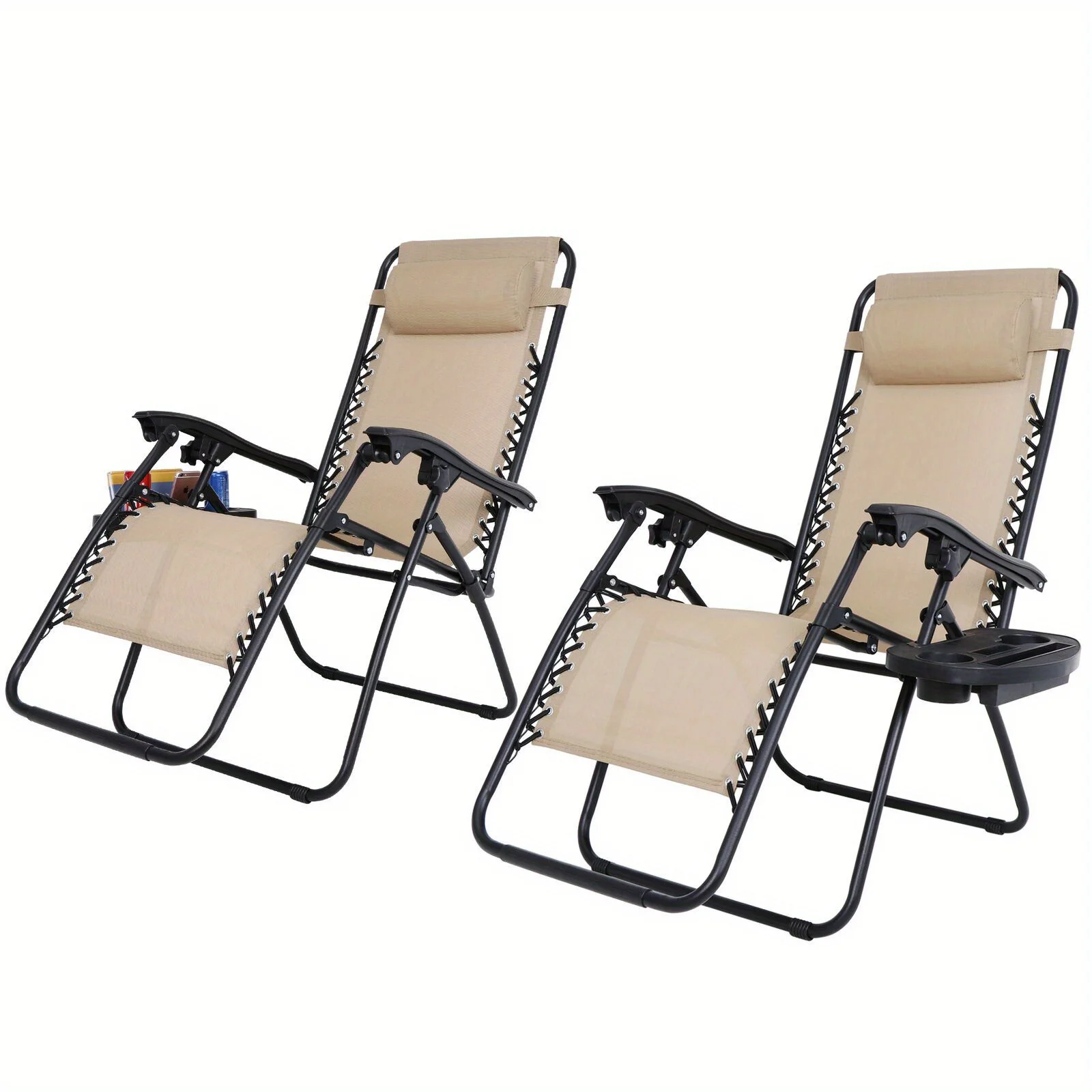 

Set of 2 Zero Gravity Recline Chairs Folding Beach Deck Lounge Patio Garden Tray