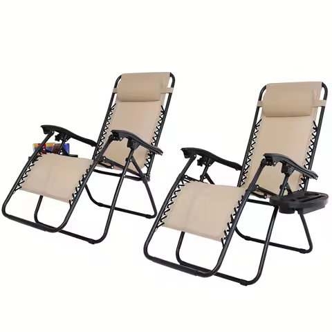 Set of 2 Zero Gravity Recline Chairs Folding Beach Deck Lounge Patio Garden Tray