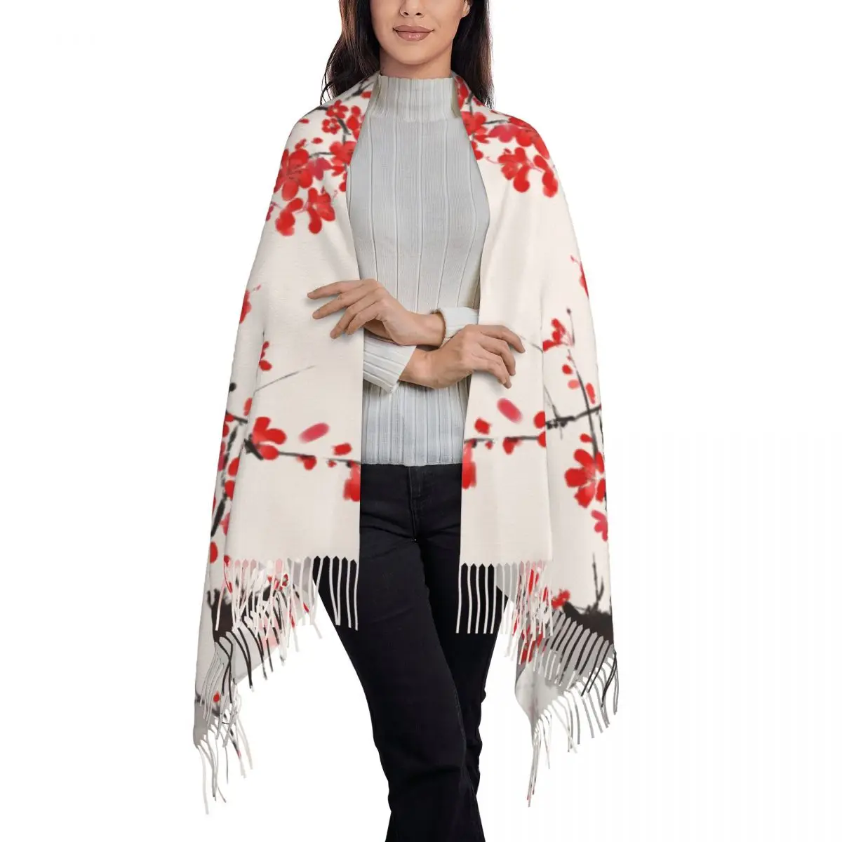 Cherry Blossom Japanese Style Tassel Scarf Women Soft Sakura Floral Flowers Shawl Wrap Ladies Winter Fall Scarves