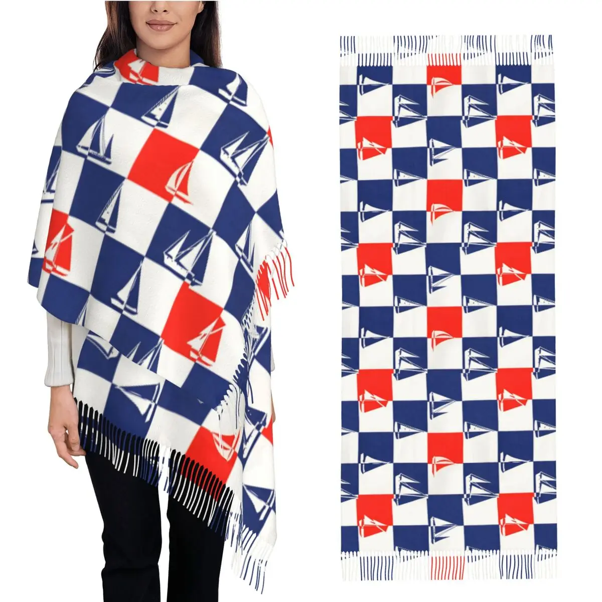 Sailing Ship Ocean Scarf Fall Winter Pashmina Shawl Wrap Starry Whale Sharks Large Scarves with Tassel for Evening Dress