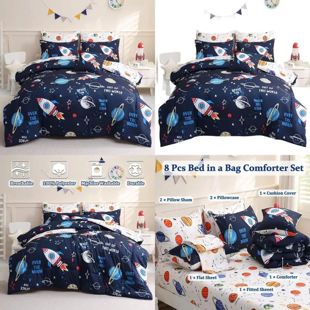

Full-Size Rocket & Space Theme Comforter Set for Kids: 8-Piece Bedding with Planets