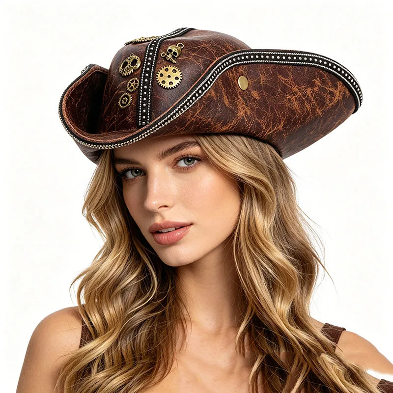 New Trendy Pirate Hat For Women Men Creative PU Leather Tricorn Costume Hat For Halloween Cosplay Party Supply Costume Props Cap