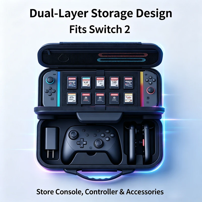 Protective Storage Bag for Switch 2, Dual‑Layer Large Storage Travel Case, Hold Pro Controller Charger & 10 Game Card