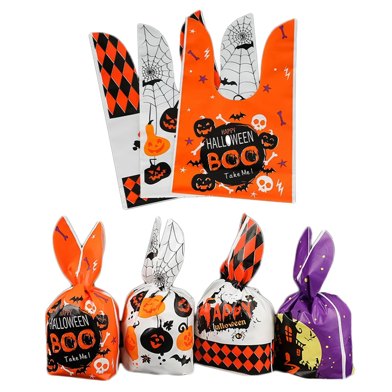 10/20pcs Halloween Plastic Bags Rabbit Ear Candy Bag For Kids Gift Biscuits Cookies Dessert DIY Packaging Supplies Baking Decor