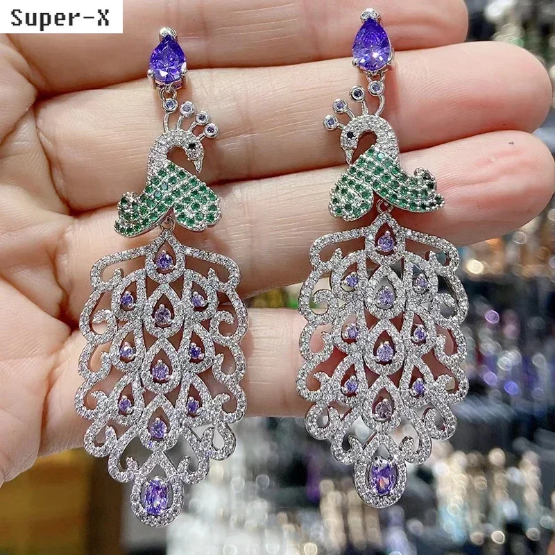 

unique earrings for women cubic zirconia shiny silver gold color peacock long pendant luxury jewelry bride wedding evening party