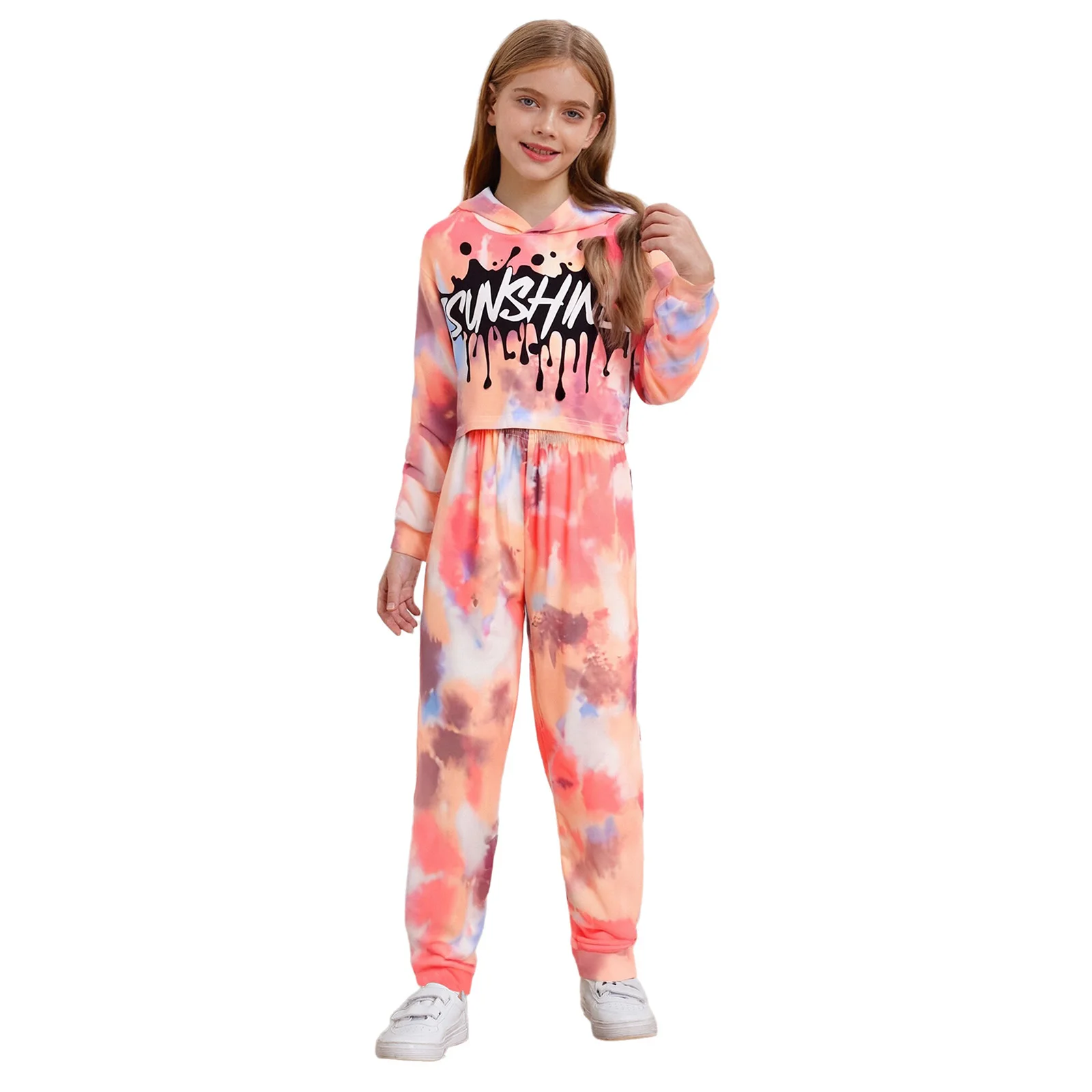 

Kids Girls Tracksuit 3-Piece Tie-Dye Outfit Letter Printed Long Sleeve Hoodie with Camisole Crop Top and Pants Hip-hop Dancewear