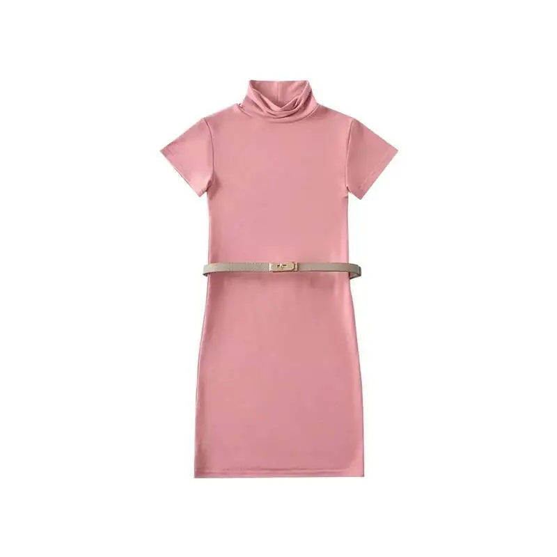 WOMENGAGA Sexy Sottile Abito a maniche corte Elegante T-shirt corta Mini abito Dolcevita Cintura Rosa Hot Sexy Donne coreane Bella 0Q8N