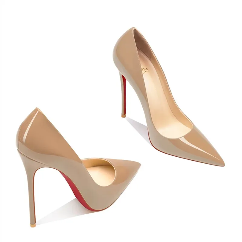 

HLTINO Women Red Bottom Heels Genuine Leather Shoes Pointed Toe Sexy Shallow Pumps Spring Summer High Heel for Party