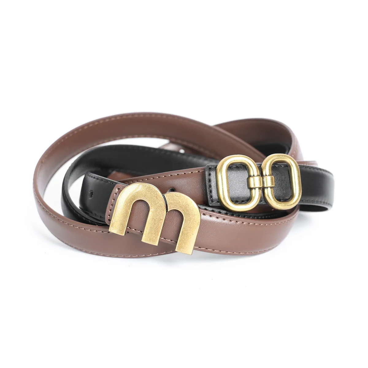 

2pcs Brown+Black Narrow Luxury Designer Brand Vintage M Belt High Quality Women Genuine Real Leather Dress Strap for Jeans 2.3cm