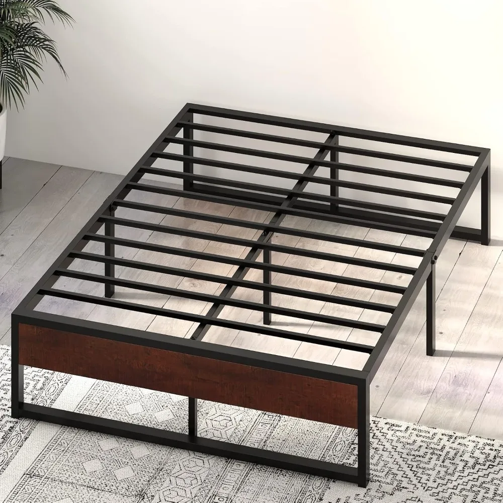 

Metal Platform Bed Frame with Rustic Wood & Reverse Holes/Ample Under-Bed Storage Space/Mattress Foundation/No Box Spring Needed