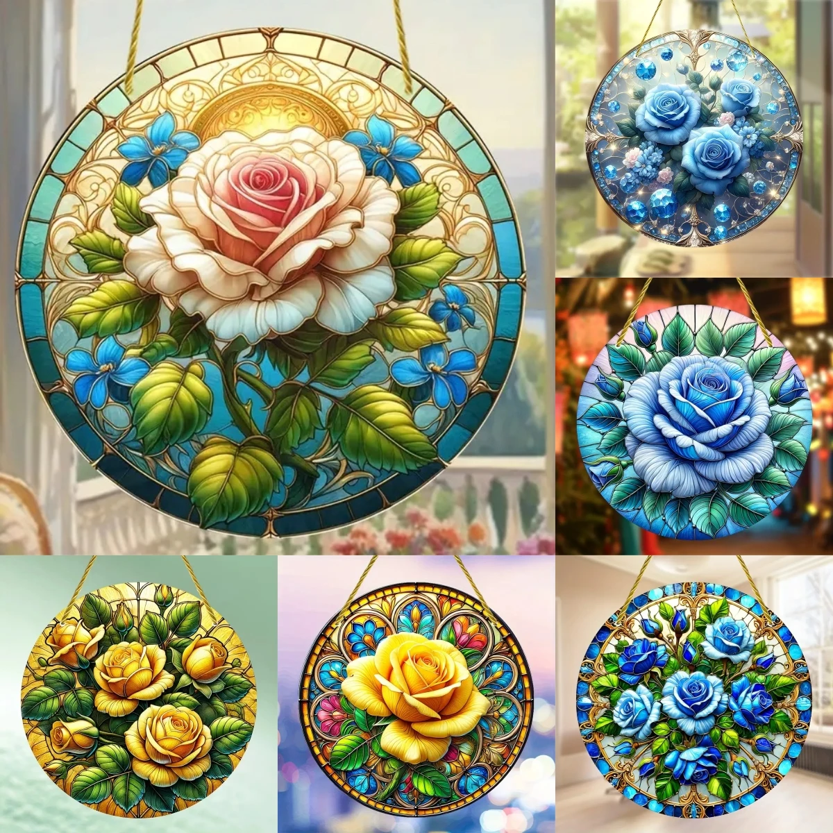 Yellow and Blue Roses Sun Catcher-Round Acrylic Stained Art Translucent Window Hanging Sign,Home,Porch,room,bedroom,Garden Decor