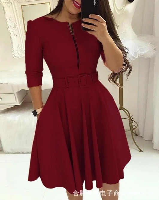 

Women Elegant Dress 2024 Summer Autumn Latest Urban Style Solid Color Zipper Print Maxi Dress Communicating Medium Length Skirt