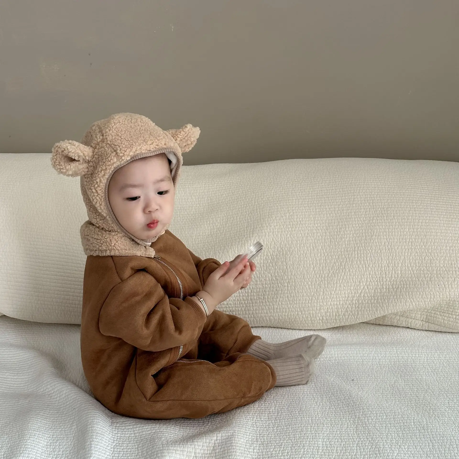 Autumn Winter New Baby Retro Cardigan Fleece Thicken Jumpsuit Girl Infant Solid Plus Velvet One-piece Toddler Boy Cotton Romper