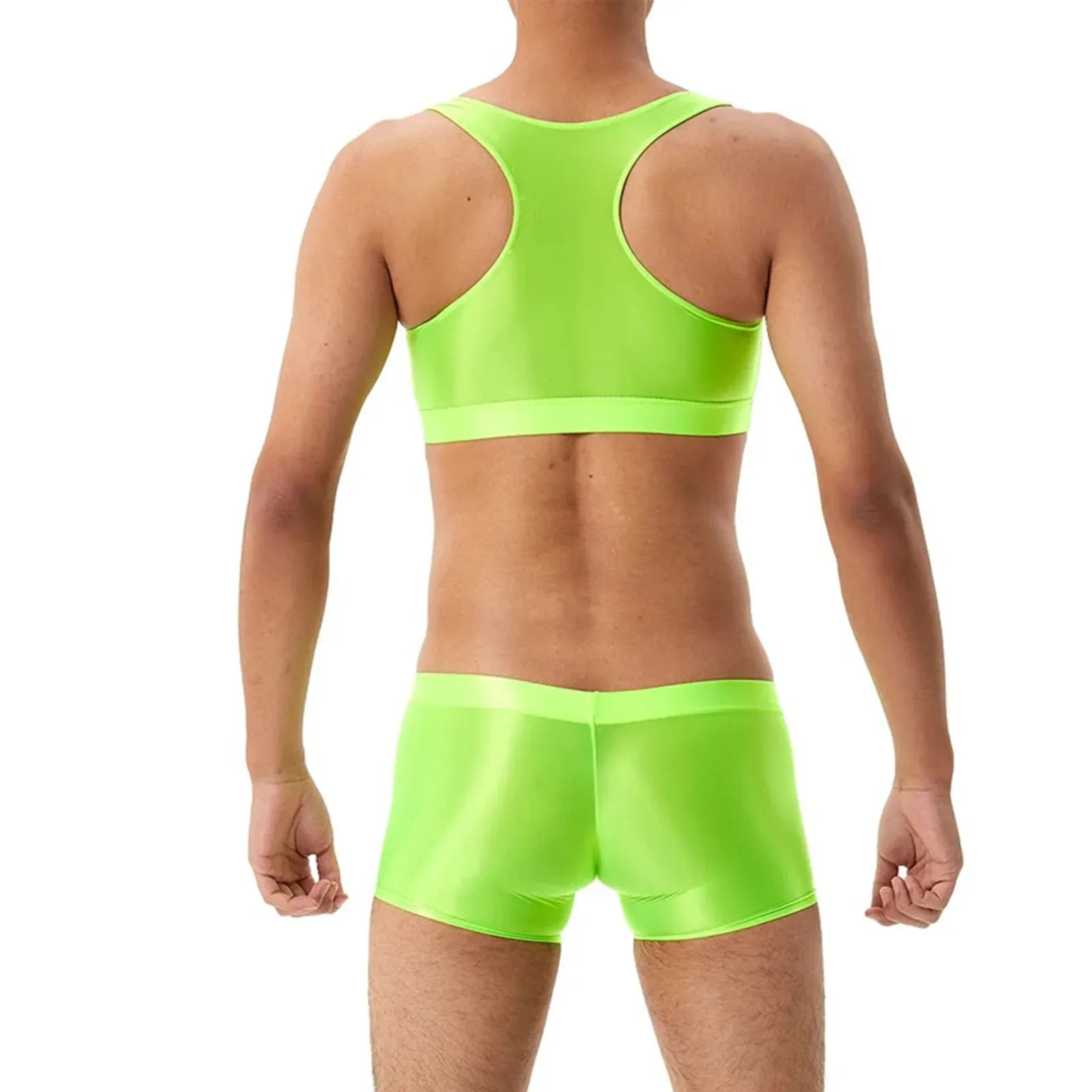 Herren glänzendes Schwimm set ärmelloses U-Ausschnitt Racer back Crop Top mit elastischem Bund Boxershorts Unterwäsche für das Schwimmt raining