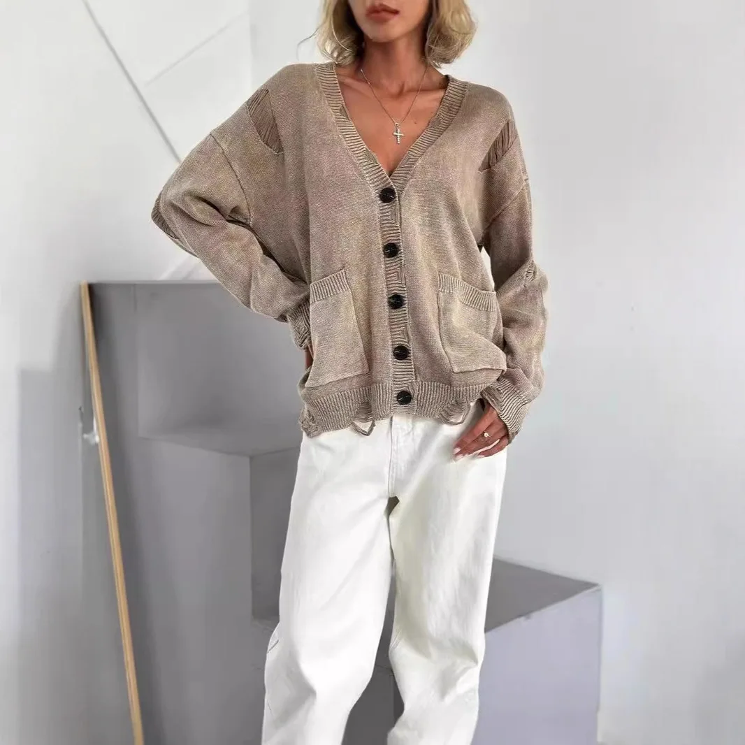 V Neck Sweater Women Distressed Jumpers Single Breasted Cardigan Knitted Long Sleeve Outerwear Loose Pockets Spliced Casual