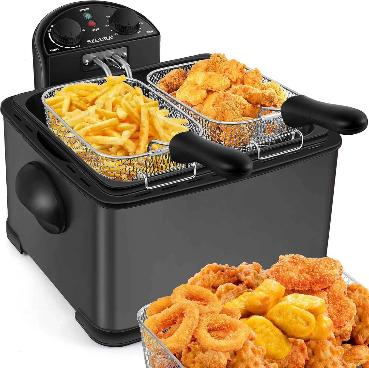 

Yuyongr Stainless-Steel 1700-Watt Electric Deep Fryer with Timer Free Extra Odor Filter, Triple Basket, 4.5 Quarts, Black
