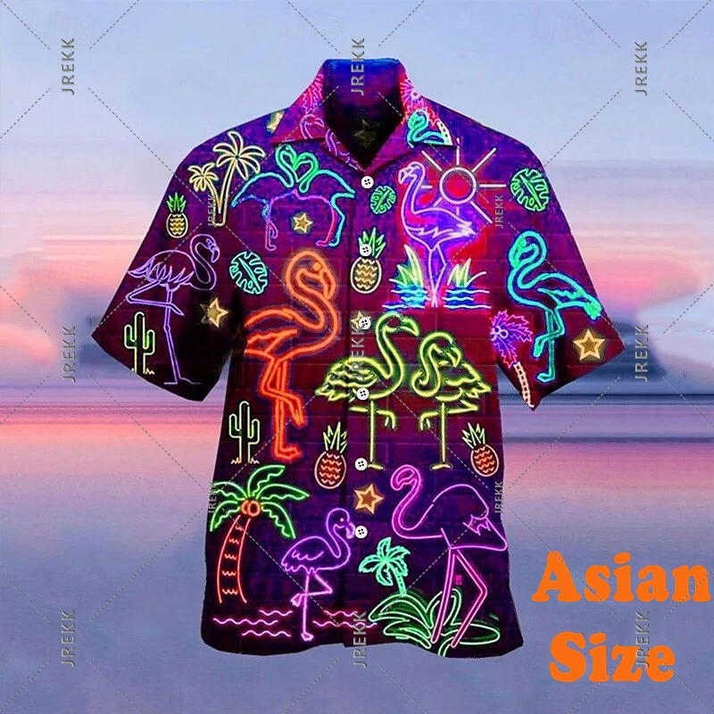 

Neon Print Hawaii Shirt For Men's Clothing Summer Camp Vacation Fashion Casual Button Shirts Flamingo Coconut Summer Blouse Top