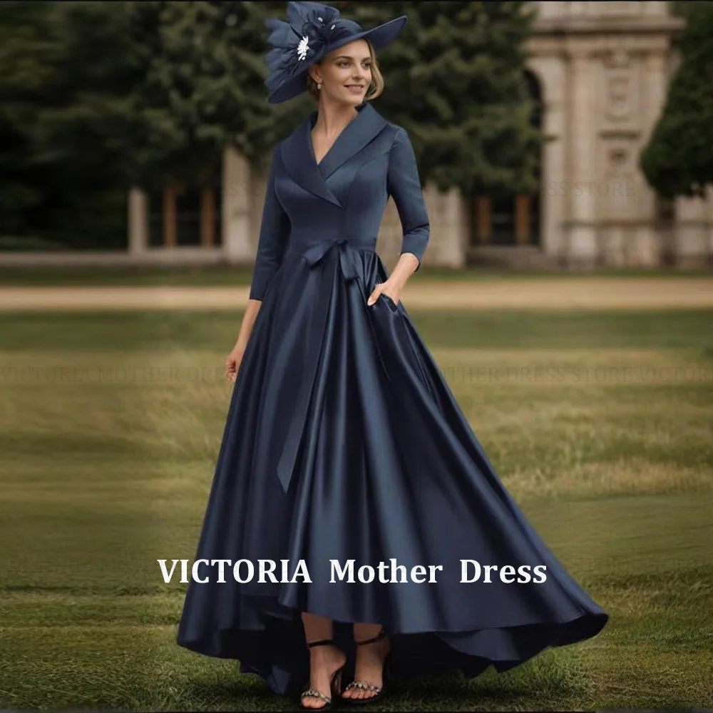 فستان VICTORIA مخصص من الساتان الأنيق لأم العروس/العريس على شكل حرف a على شكل حرف v مع فيونكة طويلة لحفلات الزفاف فساتين لحضور الحفلات الموسيقية