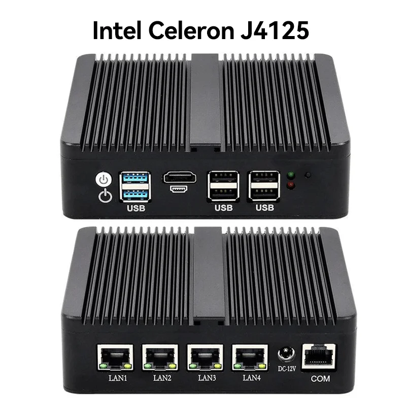 كمبيوتر بدون مروحة Intel N100 J1900 N2840 N5105 J4125 مع إيثرنت 4x 2.5G يدعم Windows Linux Pfsense OPNsense