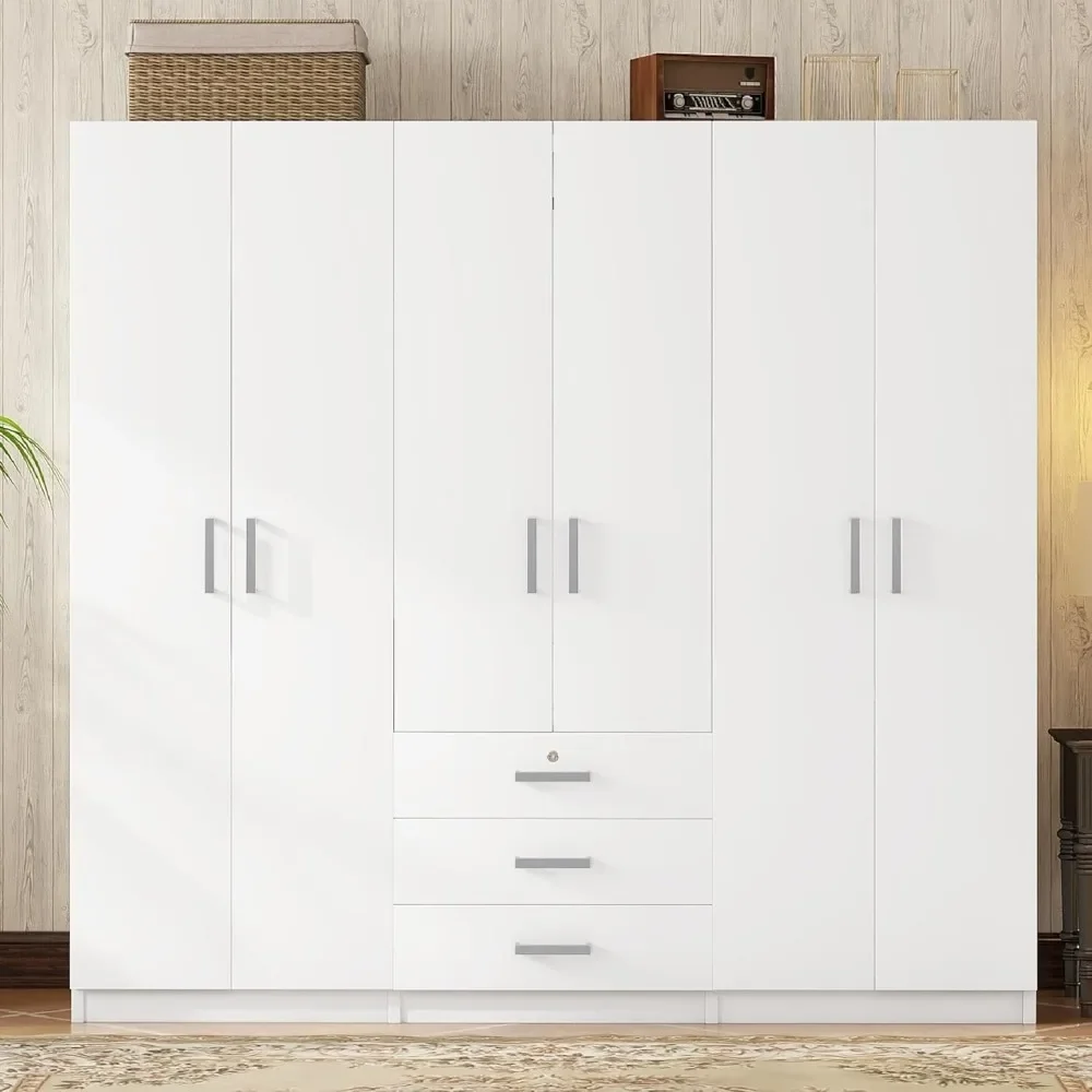 

Large White 6 Doors Wooden Wardrobe - Tall Armoire Closet Organizer with Big Drawers, Hanging Rails and Shelves