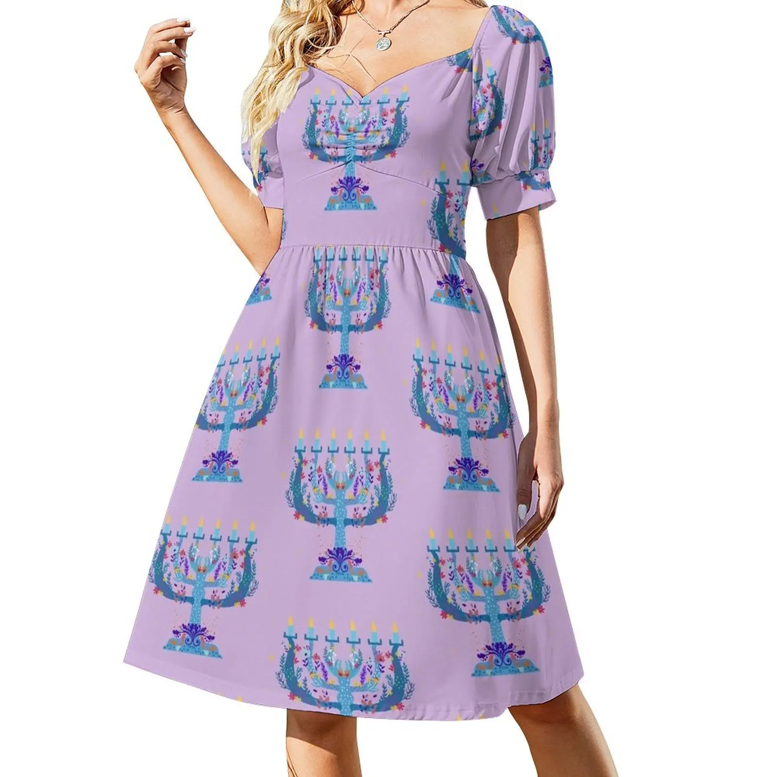 

floral menorah hanukkah Short-Sleeved Dress elegant guest wedding dress Aesthetic clothing Dresses gala