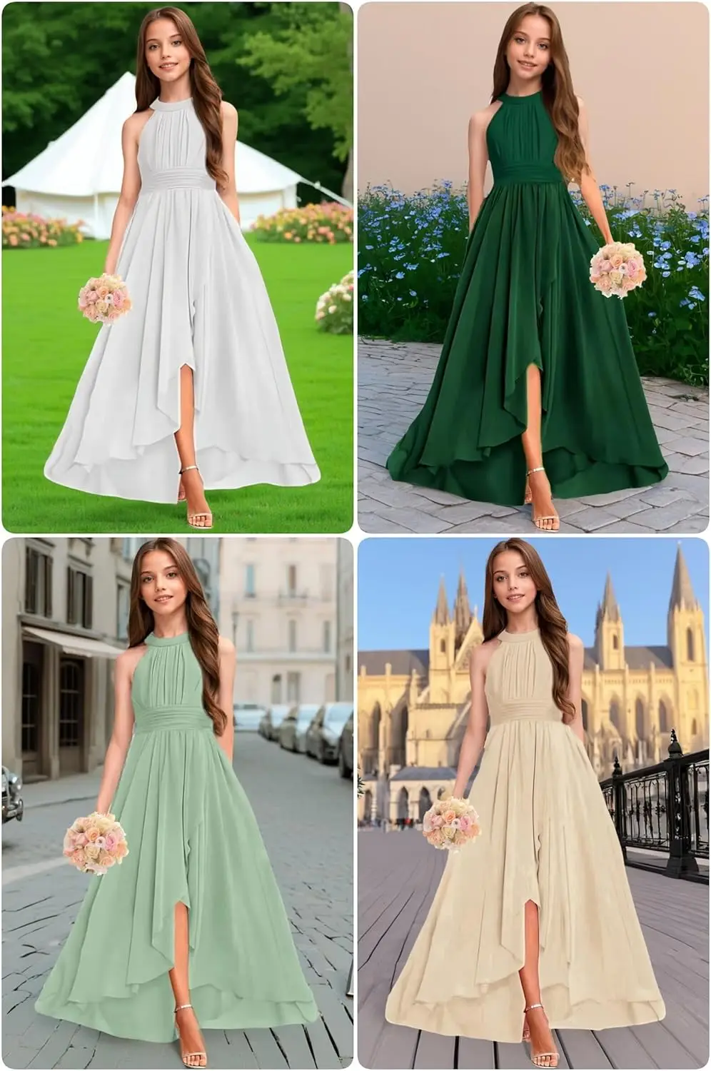 Шифоновое платье трапециевидной формы для подружек невесты, плиссированное платье с цветочным узором для девочек, вечернее вечернее платье с высоким и низким вырезом на свадьбу