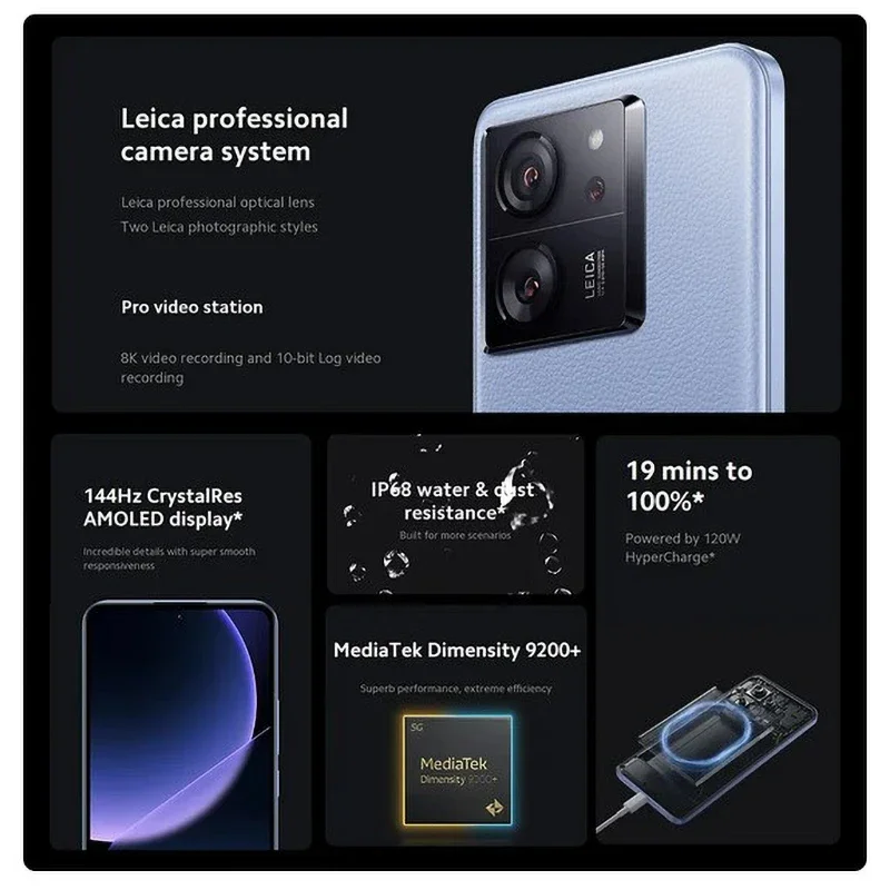 Amoled Display Camera Pro Xiaomi-13T,5g,5000 MP,120 mAhバッテリー,6.67 W過充電,防水IP68,144インチ,hz