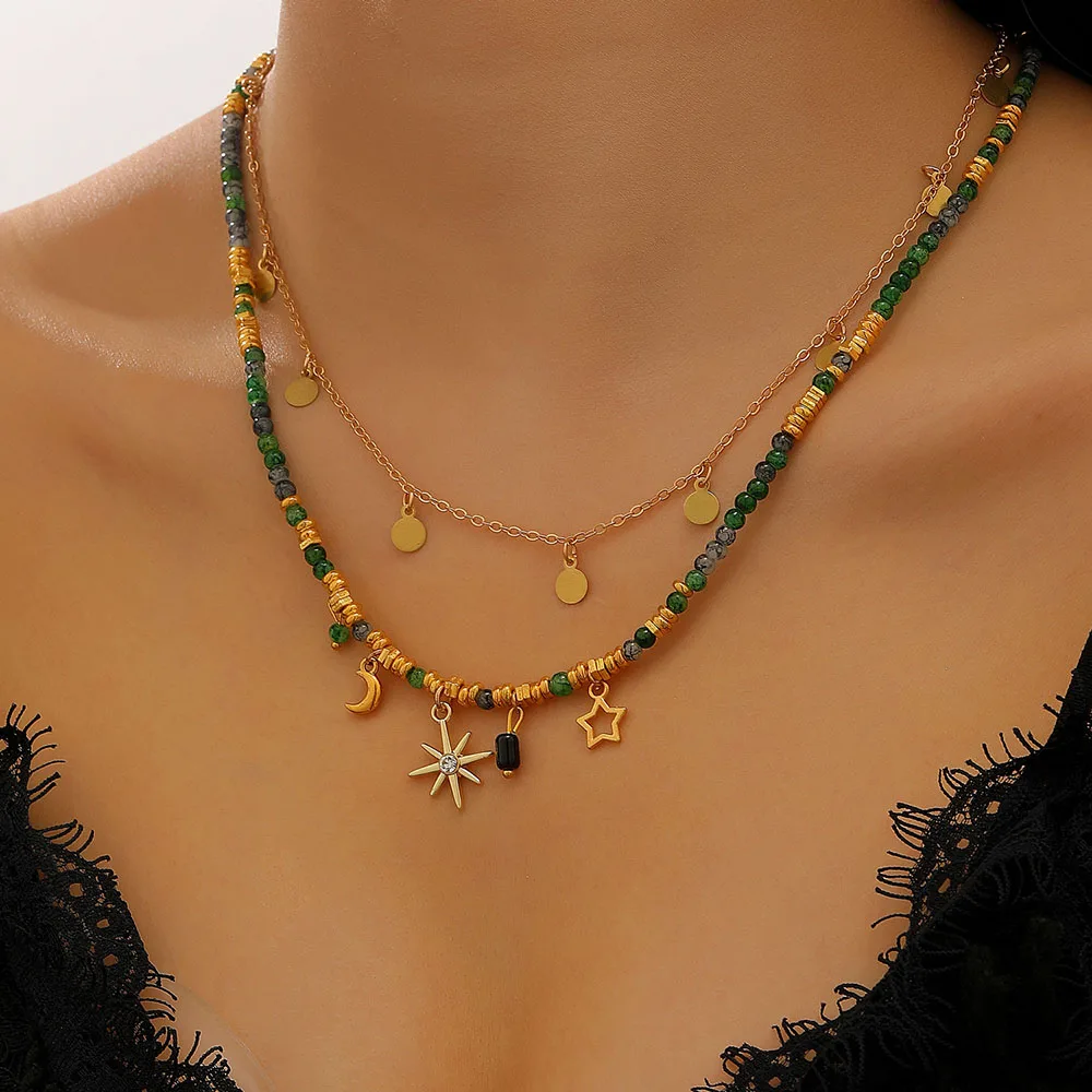 Layered Choker Necklace Moon Star Charm Dainty Multi Pendant Beaded Chain Stacked Collar Jewelry for Women Girls Party Gift
