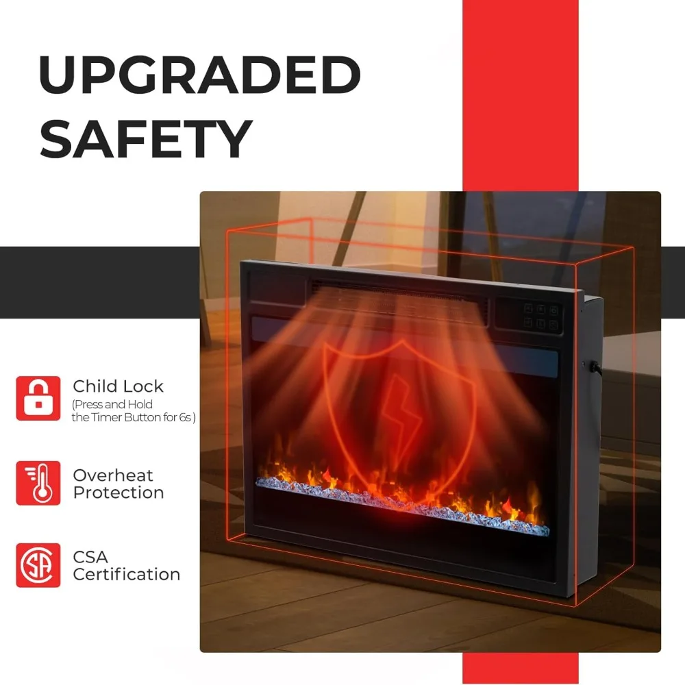 Infrared Quartz Electric Fireplace Insert 23-Inch, 1500W Heater with Remote Control, Thermostat, Recessed Fireplace for Home