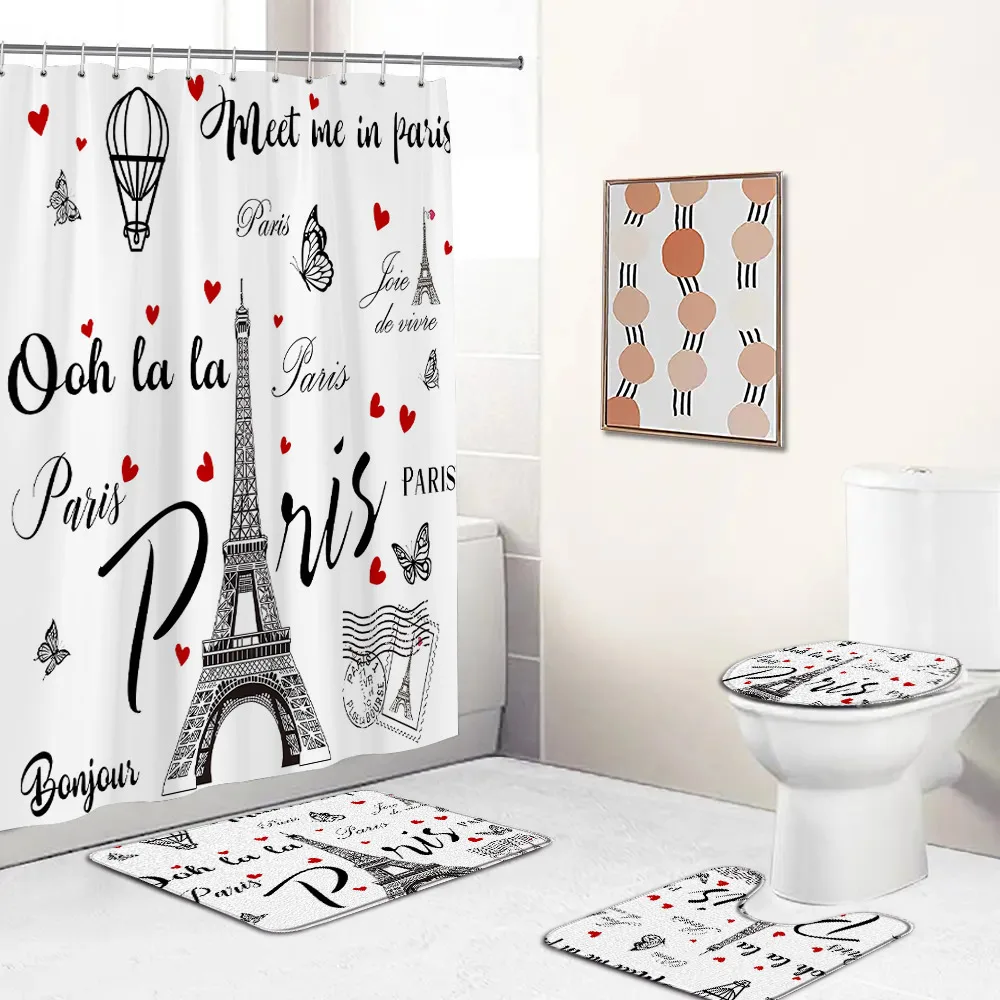 Paris Tower Shower Curtain Set High-heels Red Lipsticks Romantic Couple Bathroom Curtain Non-slip Bath Mat Toilet Lid Cover