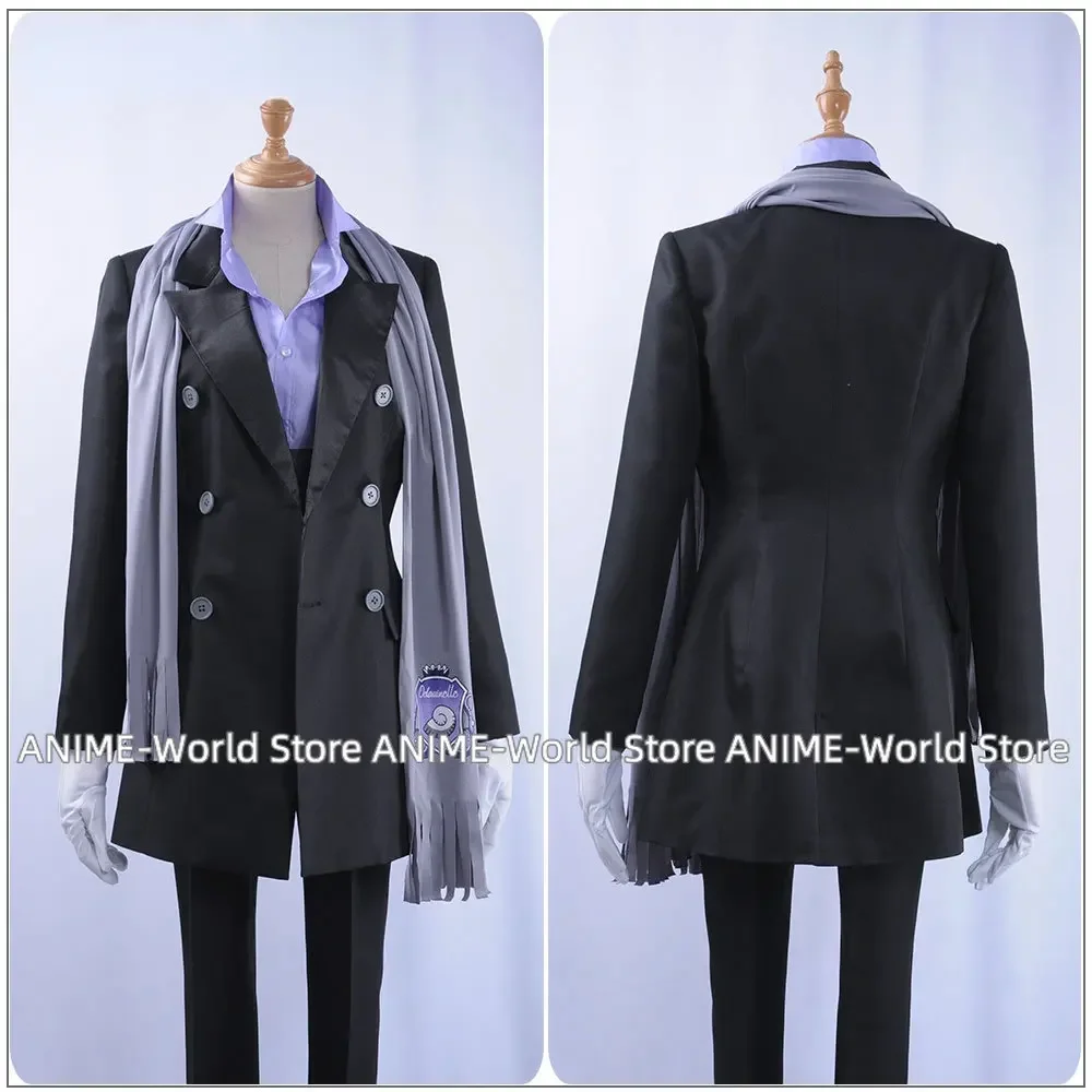 

Game Twisted-Wonderland Alice in Wonderland Cosplay Costume Custom Purple Satin Shirt Trench Romper Uniform Scarf Floyd Leech