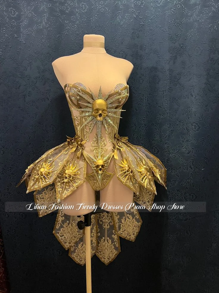 Customised Gold Strapless Sparkling Cocktail Dress Sparkling Skull Mini Prom Dress Special Occasion Evening Gown Cosplay Costume