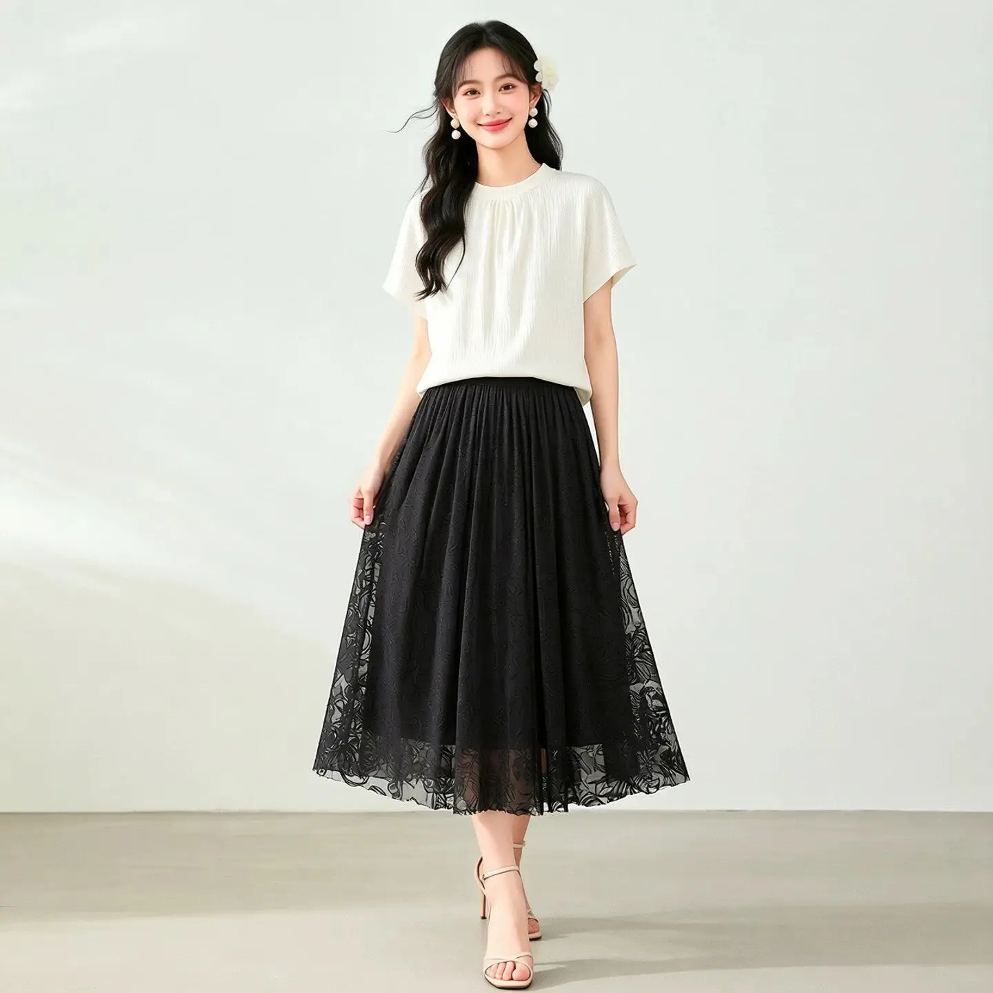 Winsleter-100%Real Silk Elegant Skirts, Elastic Waist Embroidery, Women French Beach Vacation A-line Skirt, 2026 Autumn B6O839CC