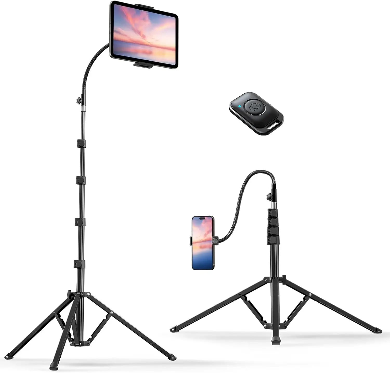 

Heavy Duty Tablet Tripod Stand 82” Tall, Floor Stand with Remote and Adjustable Gooseneck for Watching/Stream/Recording