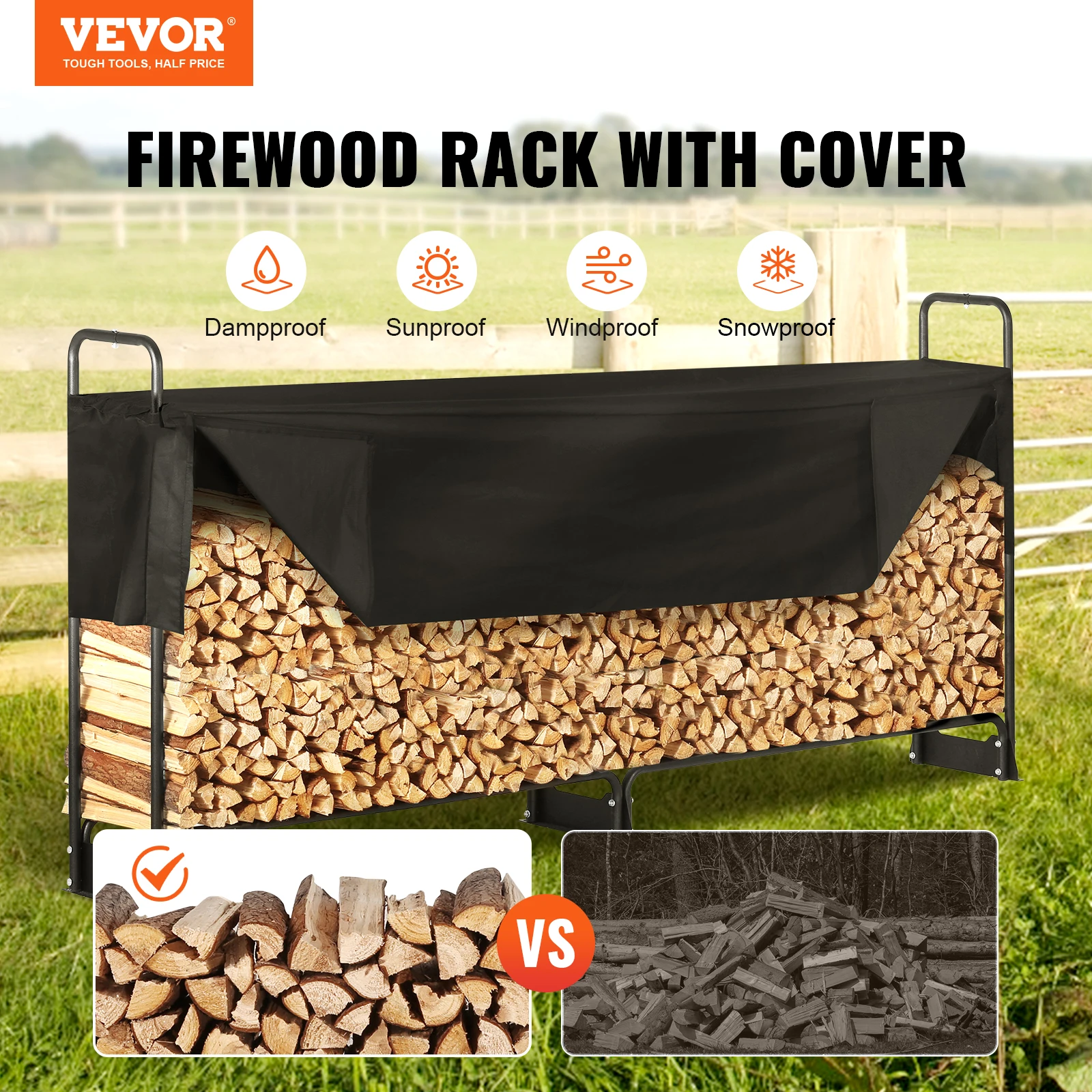 VEVOR Outdoor Firewood Rack Heavy Duty Firewood Holder w/Waterproof Cover for 1/2 Cord of Firewood Home Firewood Storage Rack