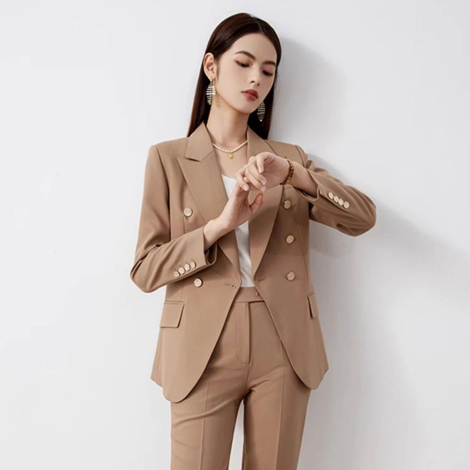 

Allingentle Camel Women's Suit Slim Fit Pantsuit 2 Piece Suit Double-Breasted Blazer for Casual Office Business Customize